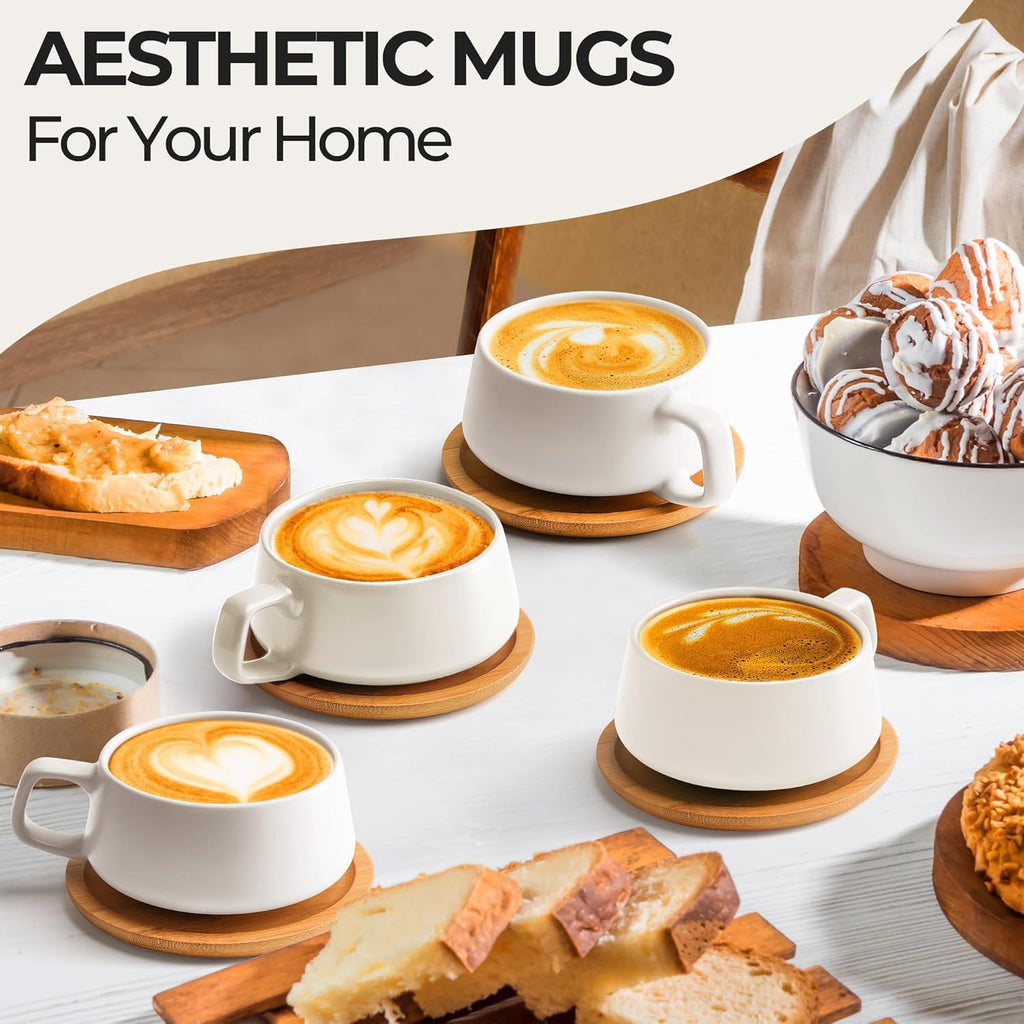 MIAMIO – 11 Oz., Set of 4 Ceramic Tea Cup and Saucer Bamboo/Tea Mug