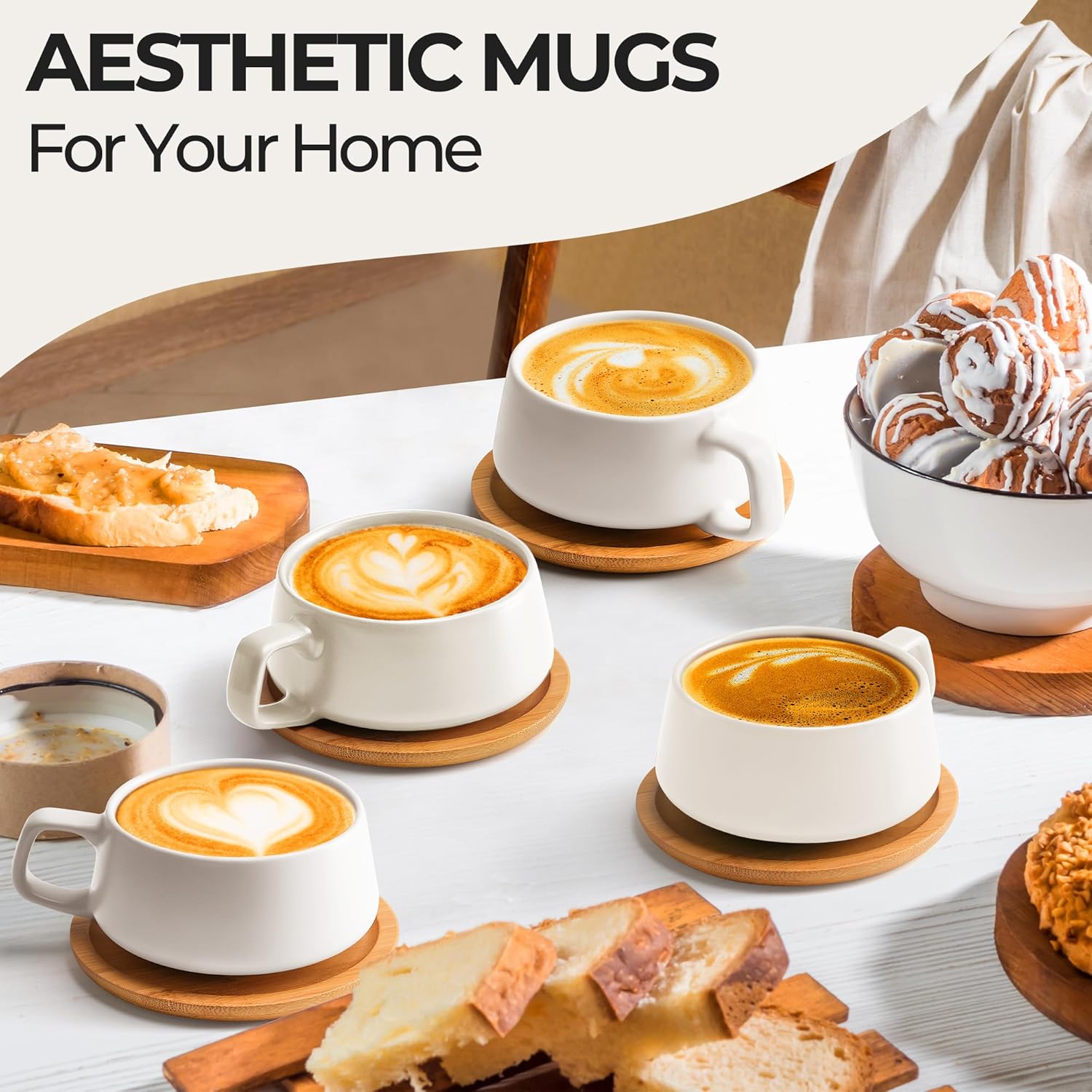 MIAMIO – 11 Oz., Set of 4 Ceramic Tea Cup and Saucer Bamboo/Tea Mug