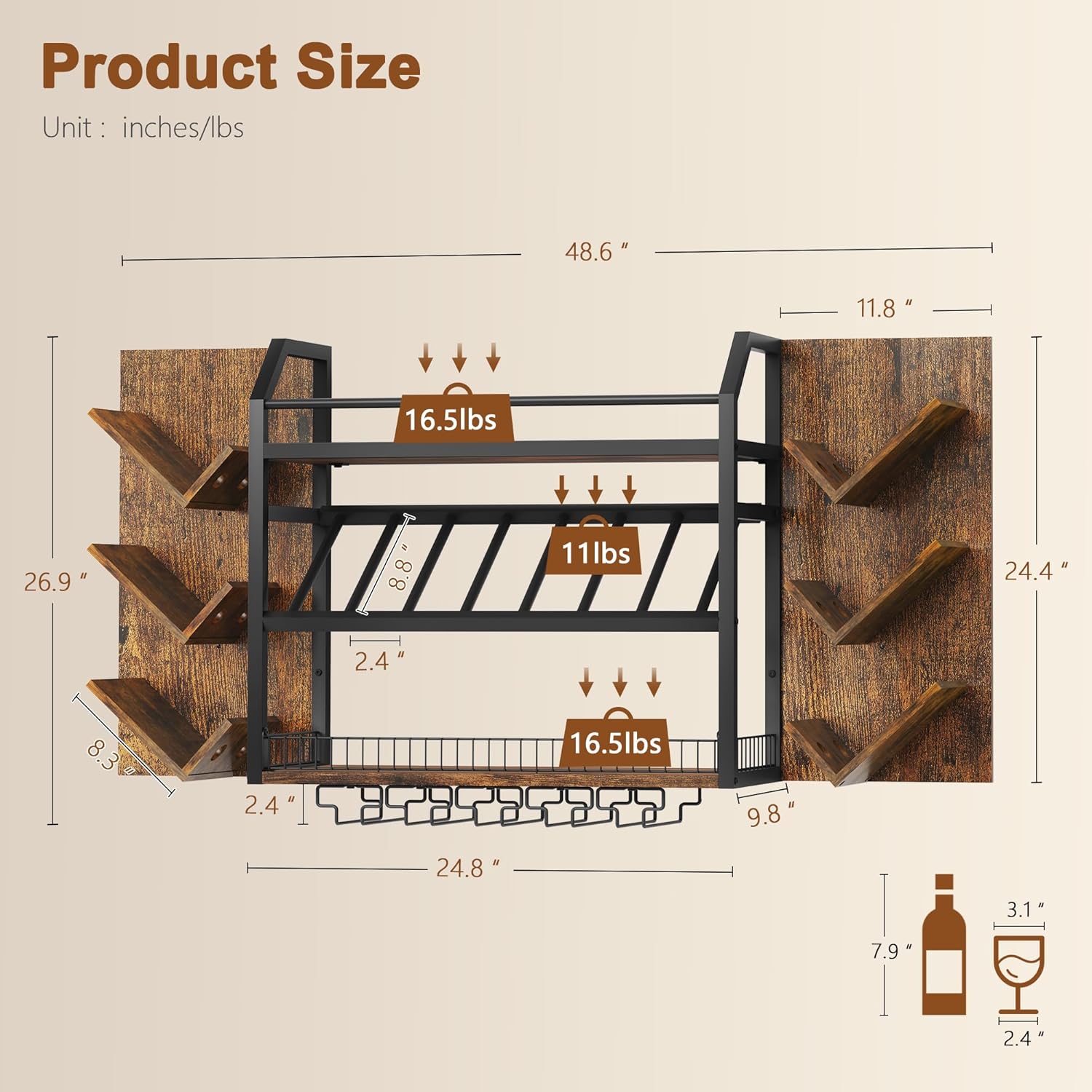 Hoctieon 48.6in Wall Mounted Wine Rack, 3 Tier Hanging Wine Racks with Glass Holder