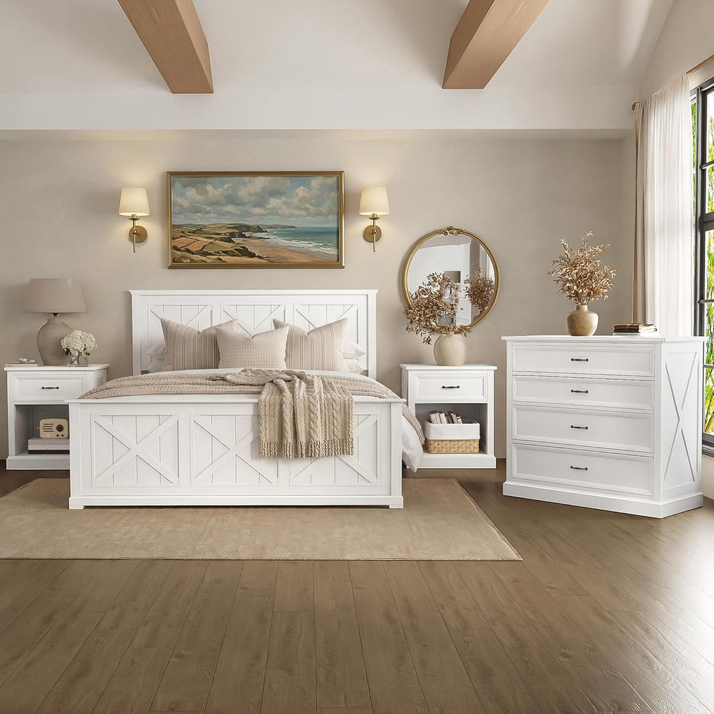 4 Piece Bedroom Set, Farmhouse Queen Size Bedroom Furniture Sets