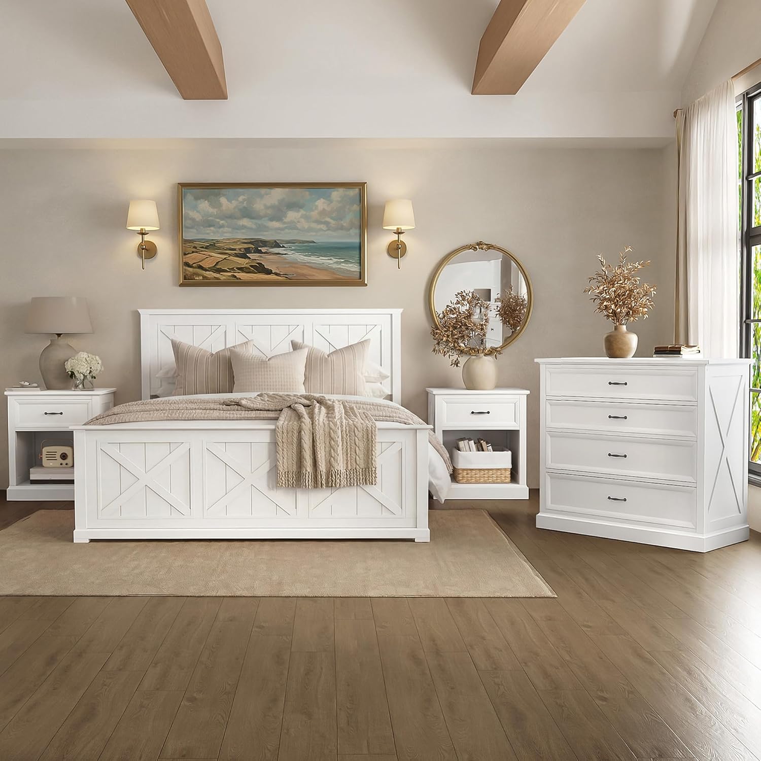 4 Piece Bedroom Set, Farmhouse Queen Size Bedroom Furniture Sets