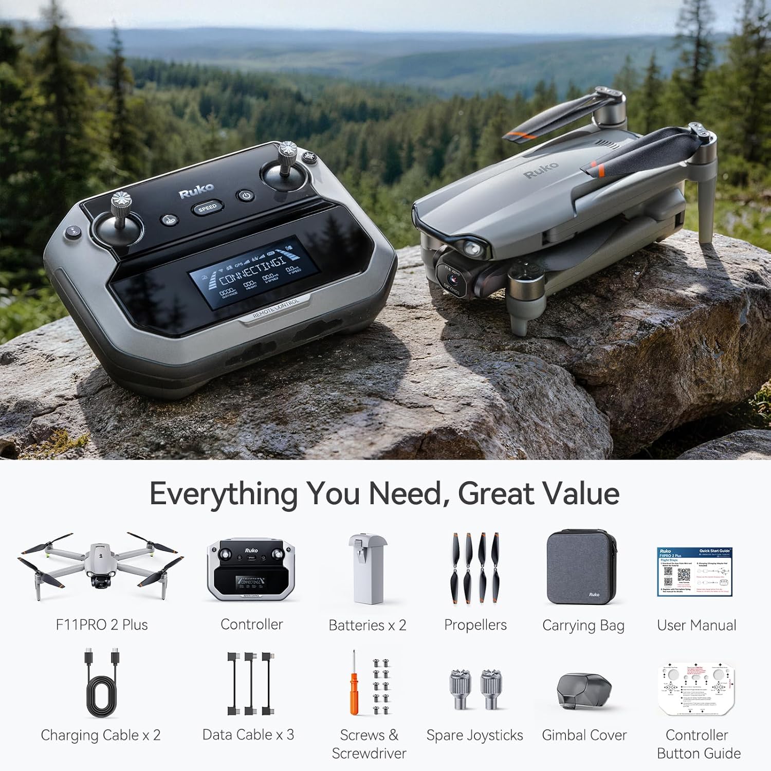 Ruko F11PRO 2 Plus Drones with Camera for Adults, 48MP 8K Photo, 3-Axis Gimbal Stabilizer, 74 Mins Flight Time