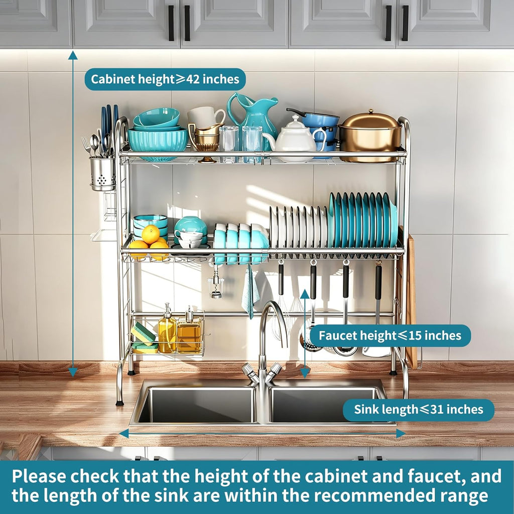 HOWDIA Stainless Steel 2-Tier Over The Sink Dish Drying Rack with Utensil Holder