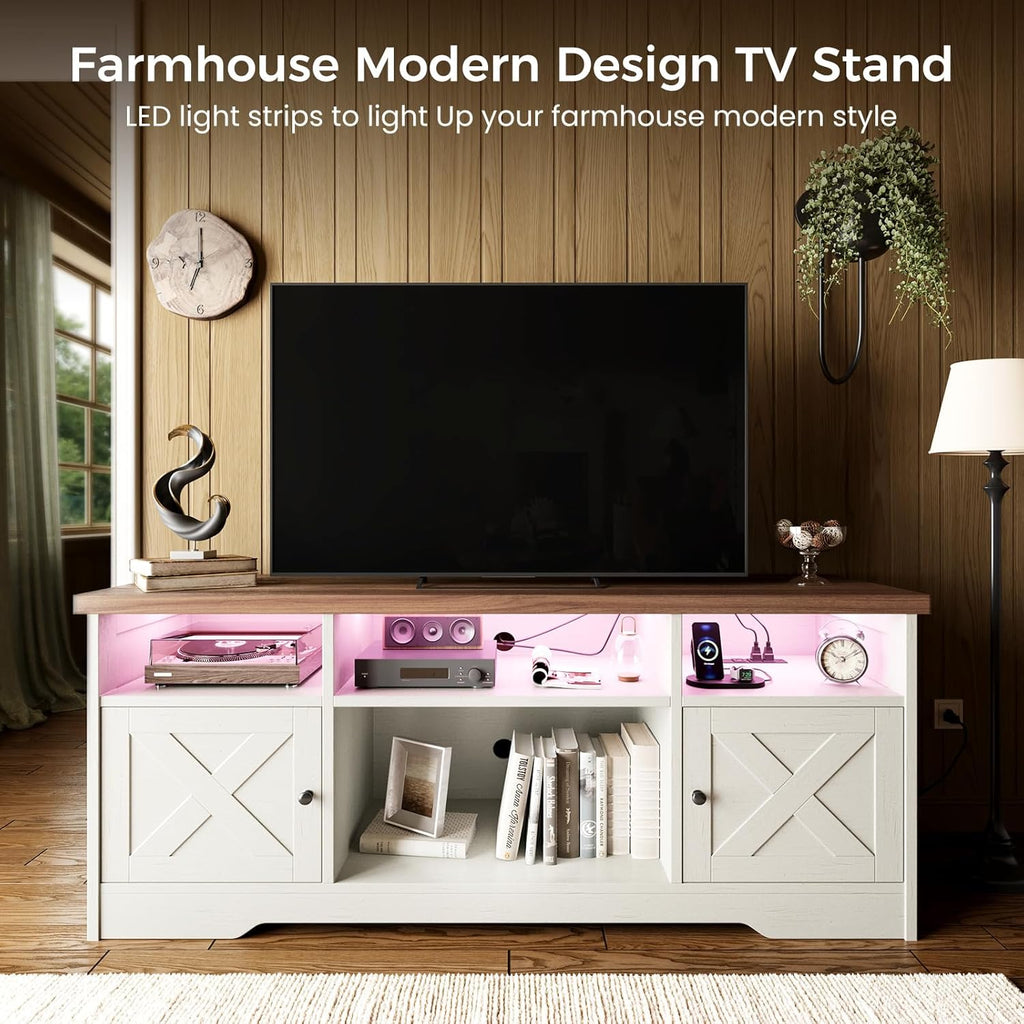 Casaottima TV Stand for 65 Inch TV, Farmhouse Entertainment Center with Power Outlet & LED Light