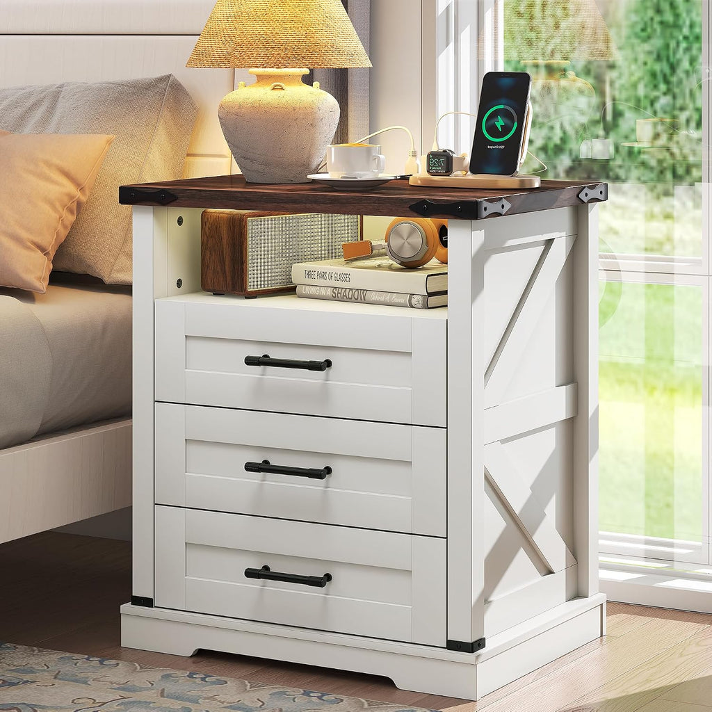Baoz White Farmhouse Nightstand with Charging Station & Drawers for Bedroom | 22" Wide Bedside Table