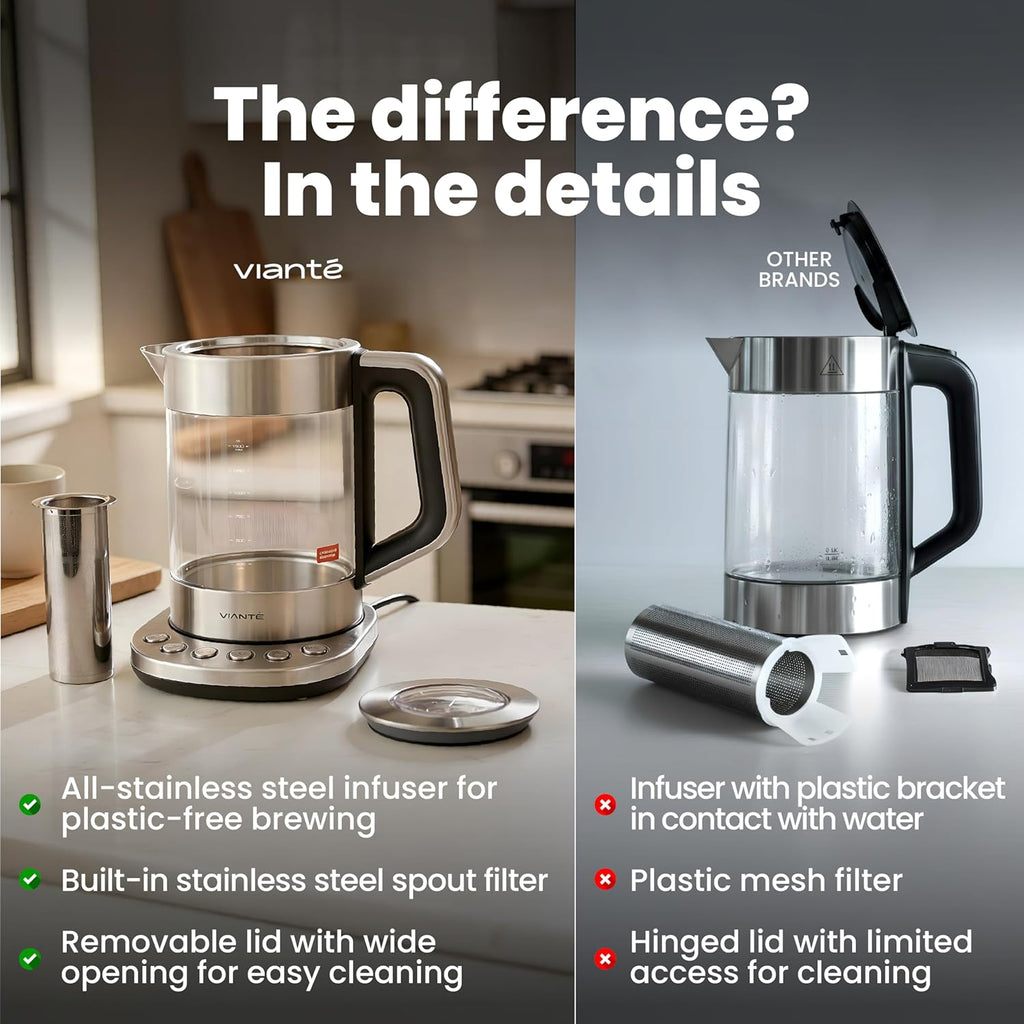 Viante Alba Electric Tea Kettle with Infuser, No Plastic In Contact With Water
