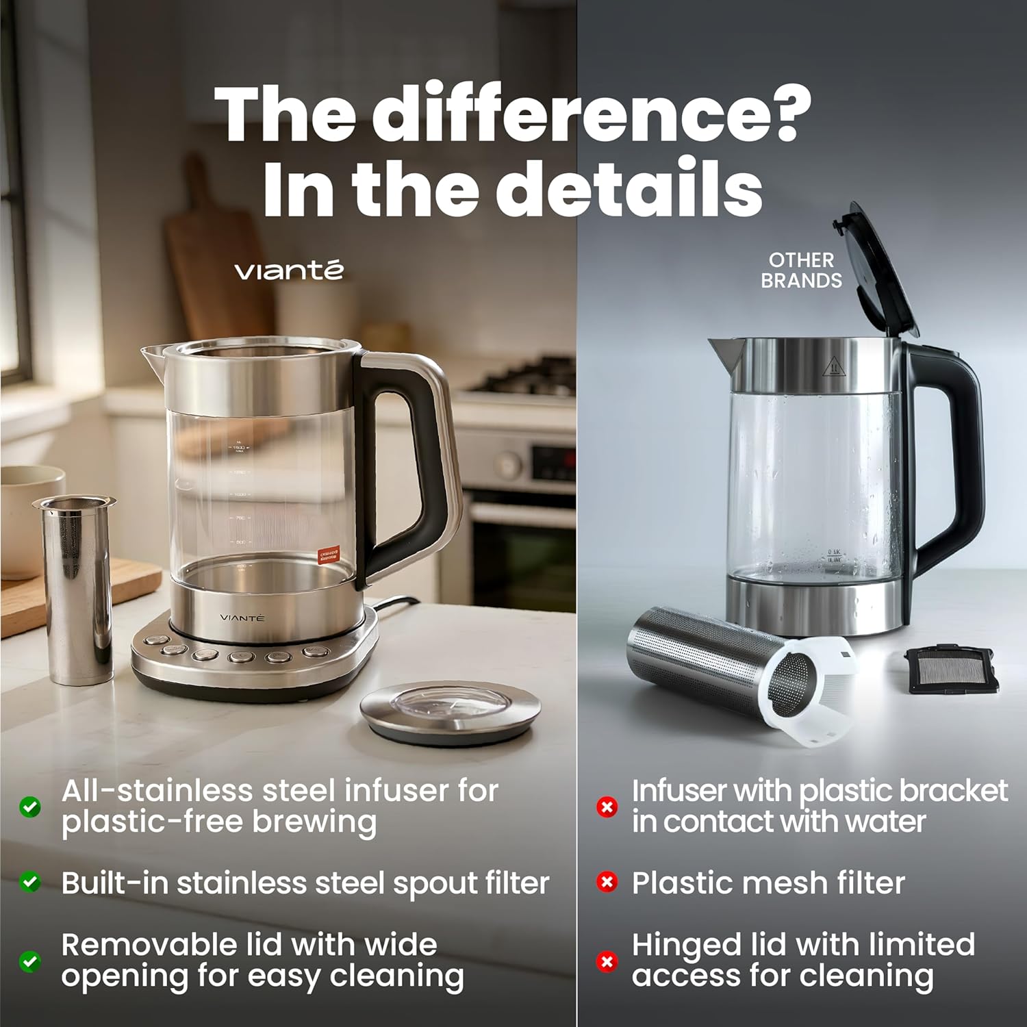 Viante Alba Electric Tea Kettle with Infuser, No Plastic In Contact With Water
