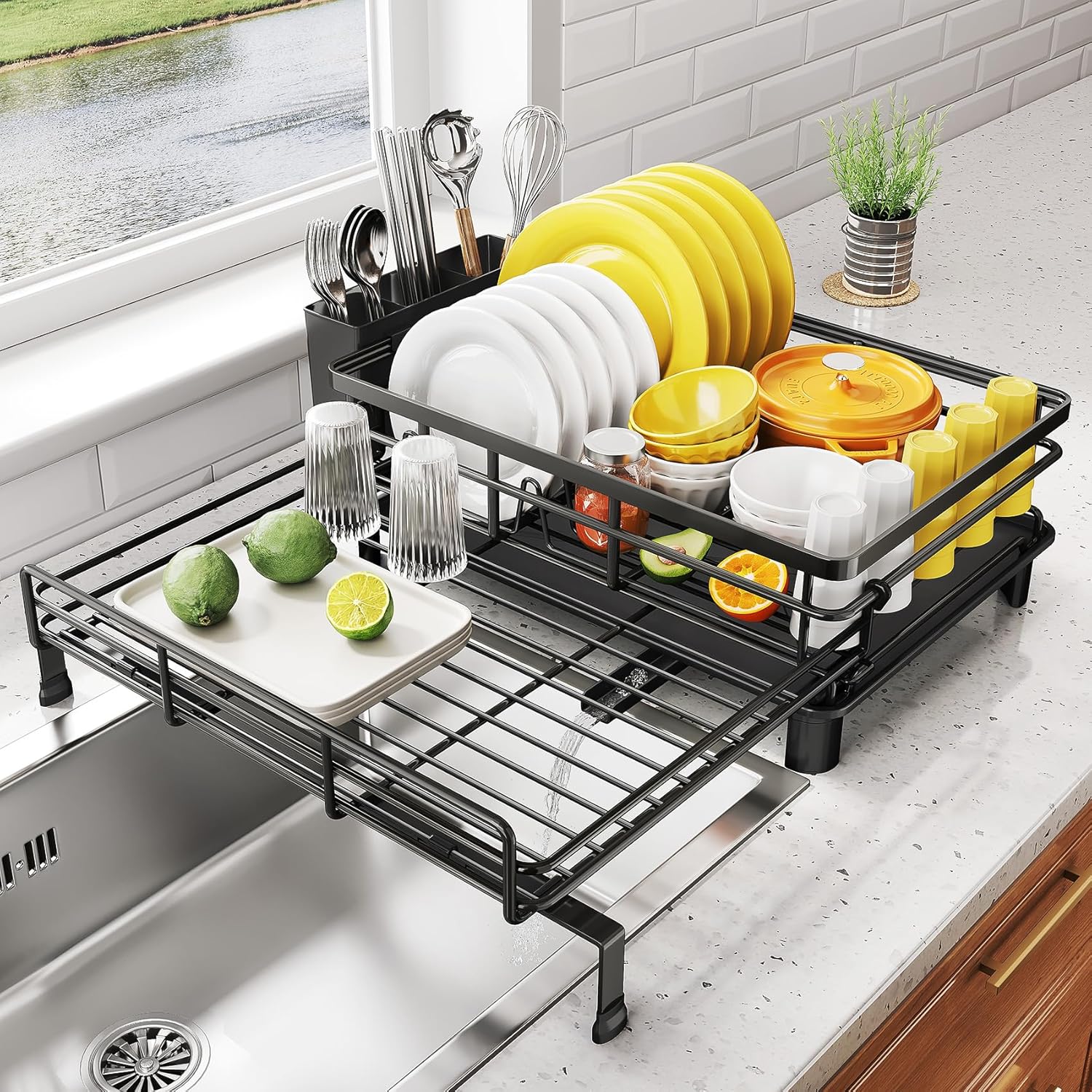 SNTD Dish Drying Rack - Extendable Dish Rack, Large Sink Drying Dish Drainer for Kitchen Counter