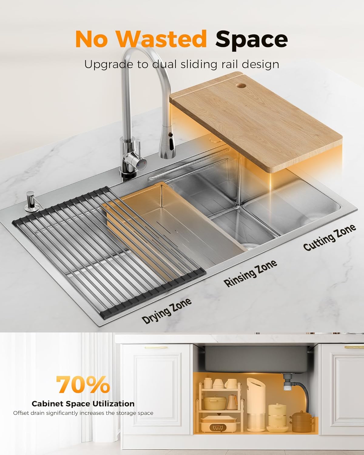 CAMMOO 33X22 Drop In Kitchen Sink, 304 Stainless Steel Workstation Sink, Pop-Up Drain