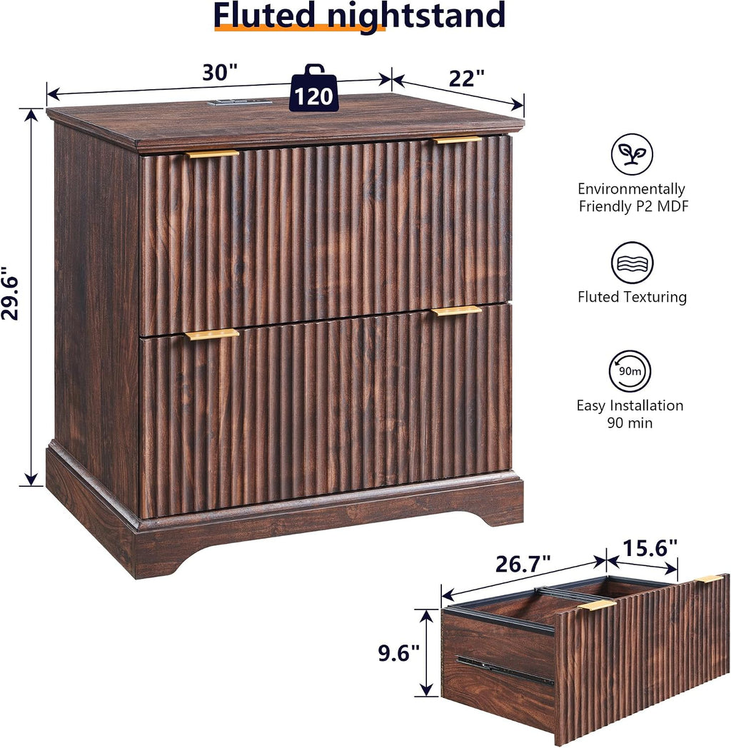 Fluted Nightstand with Charging Station, 30" Wide Side Table with 2 Large Storage Drawers