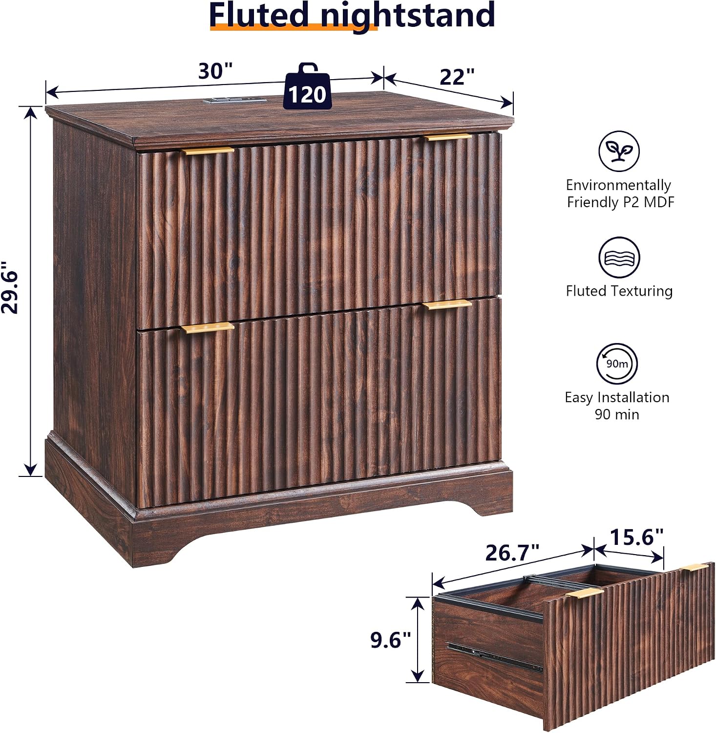 Fluted Nightstand with Charging Station, 30" Wide Side Table with 2 Large Storage Drawers