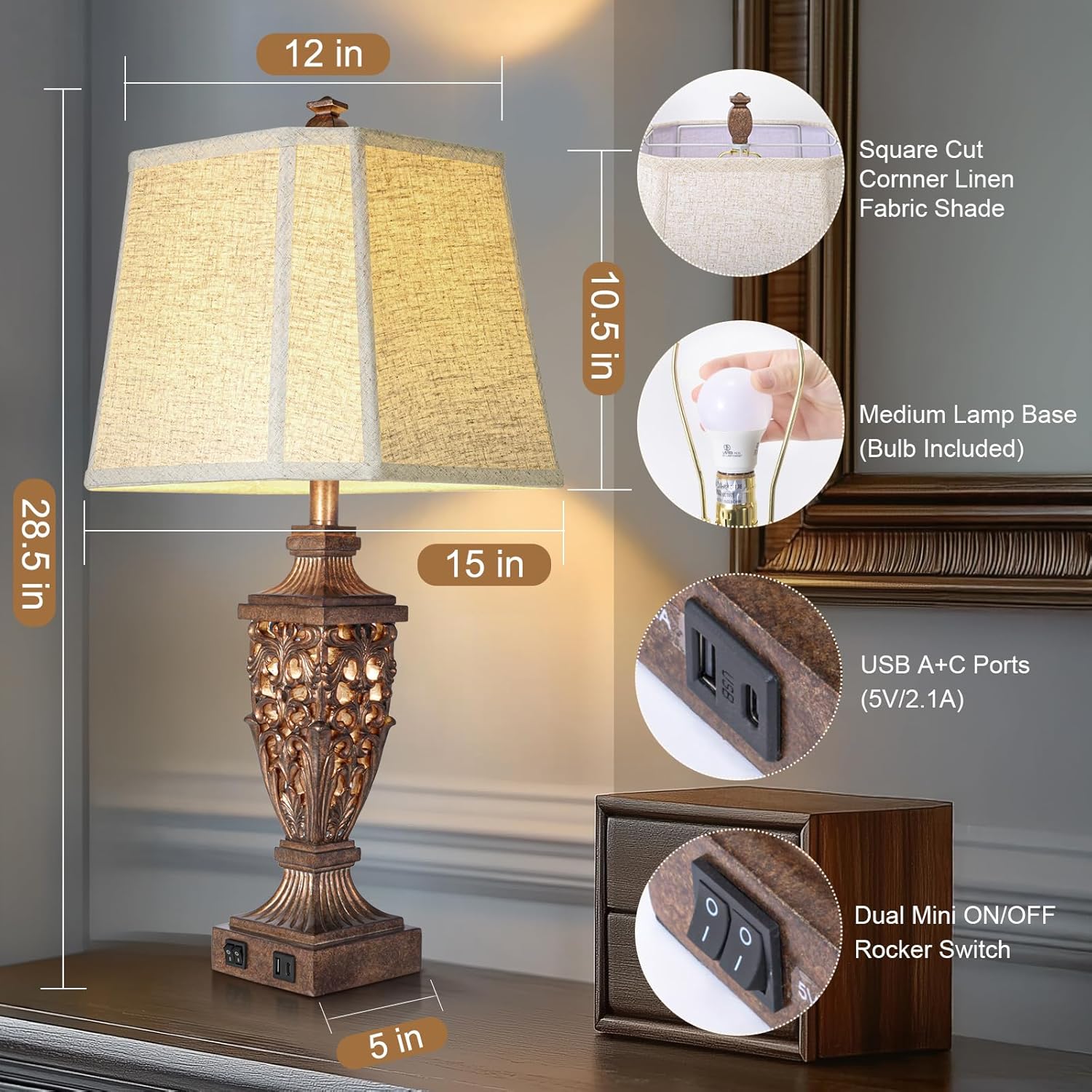 28.5" Vintage Bronze Table Lamps Set Of 2 with Night Light,Lamps for Nightstand with Beige Linen Cut Corner Shade