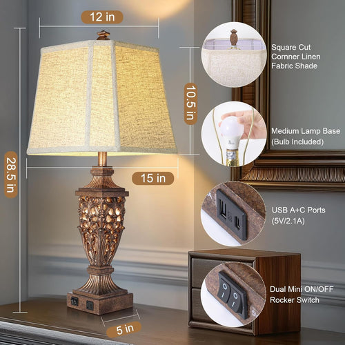 28.5" Vintage Bronze Table Lamps Set Of 2 with Night Light,Lamps for Nightstand with Beige Linen Cut Corner Shade