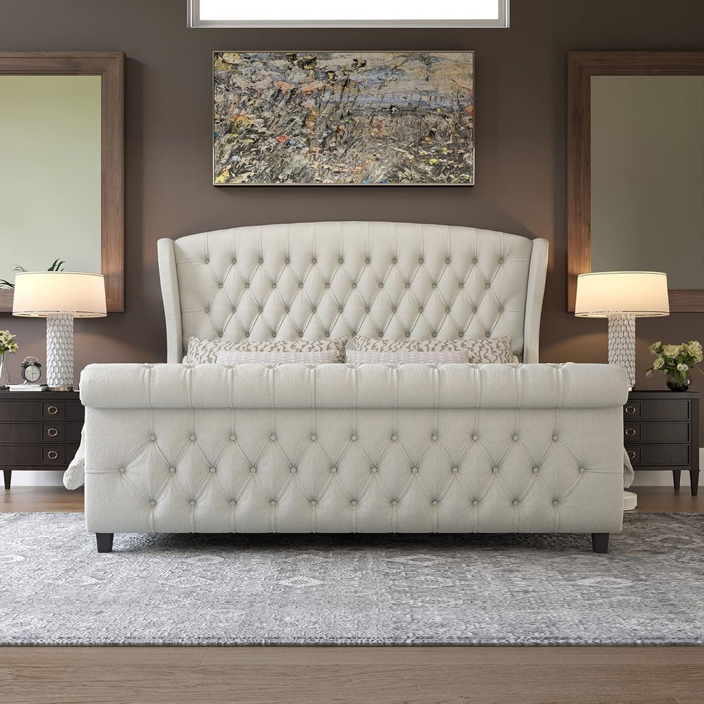 AMERLIFE King Size Platform Bed Frame, Chenille Upholstered Sleigh