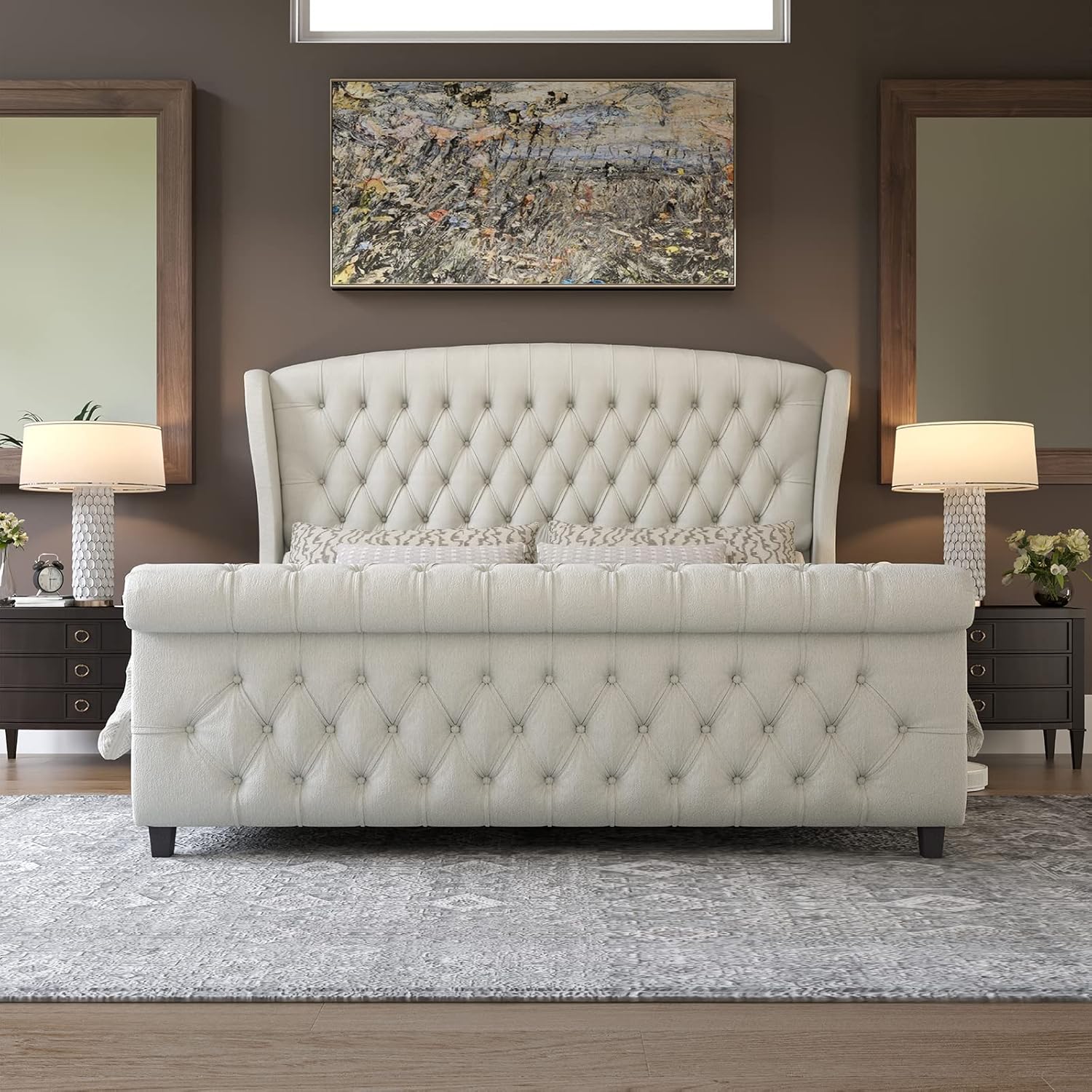 AMERLIFE King Size Platform Bed Frame, Chenille Upholstered Sleigh
