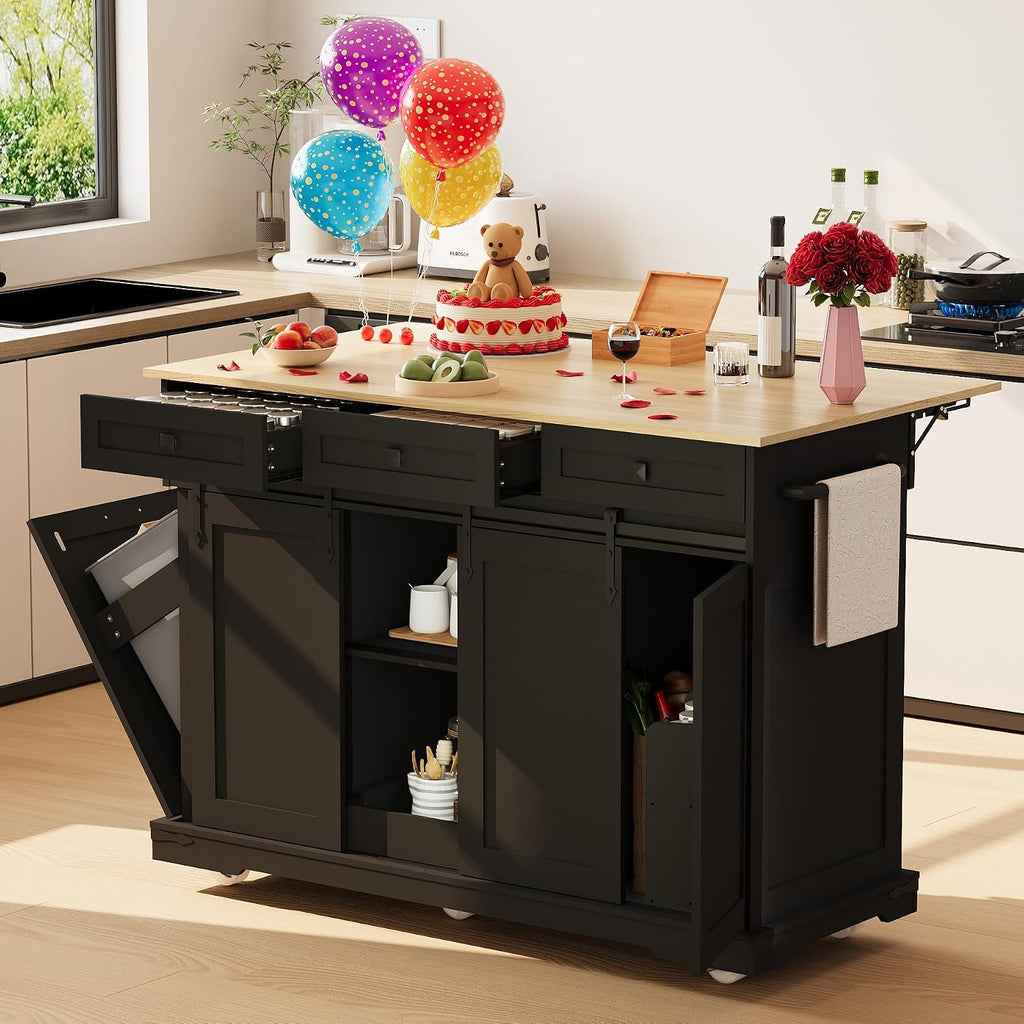 Large Rolling Kitchen Island with Power Outlet, Mobile Kitchen Cart on Wheels with Drop Leaf, 3 Drawers