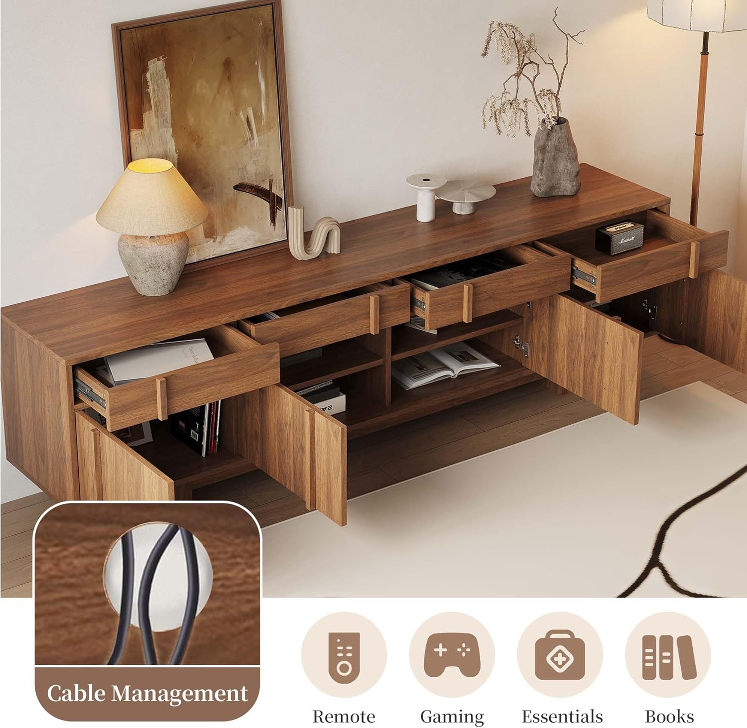 70.87" TV Stand with Storage and Shelves for 55-70 inch TV, Wood Entertainment Center with Doors