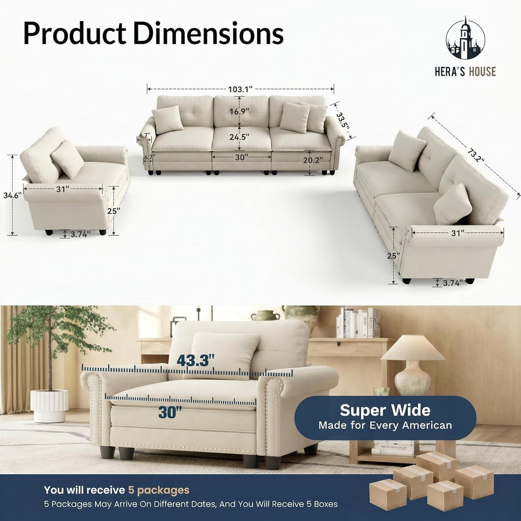 HERA'S HOUSE 3 Pieces Modular Sectional Sofa Sets, Oversized Couch Set with Loveseats