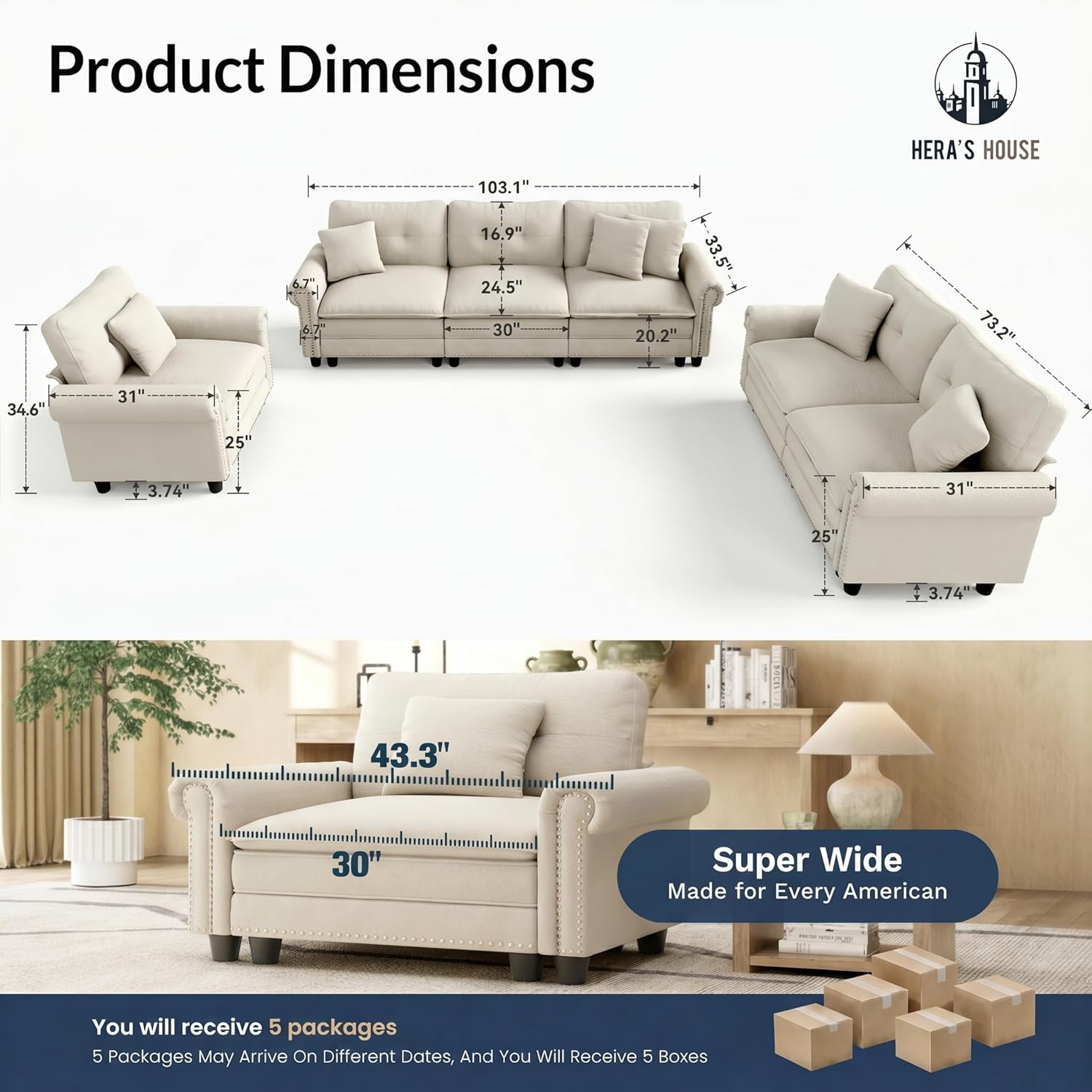 HERA'S HOUSE 3 Pieces Modular Sectional Sofa Sets, Oversized Couch Set with Loveseats
