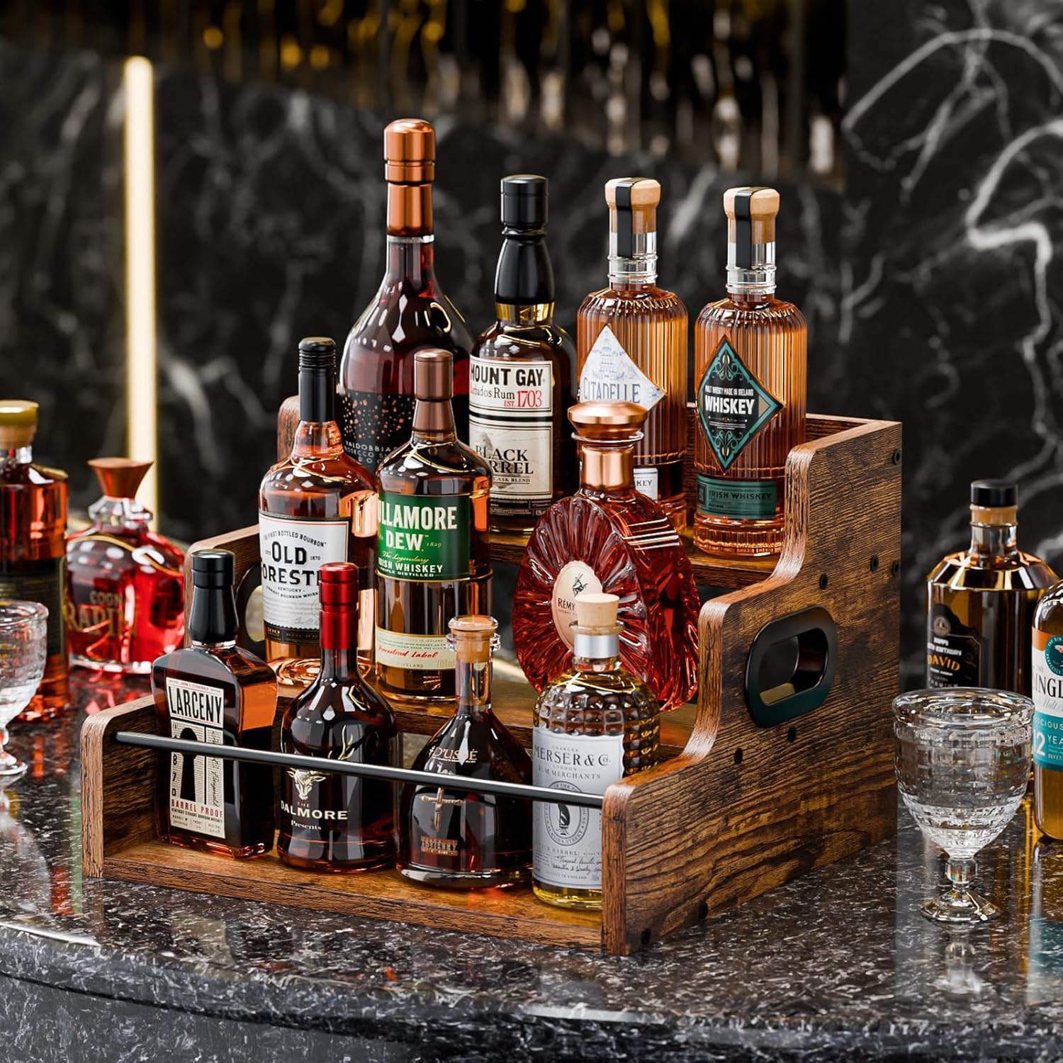 KLM Liquor Bottle Display Shelf, Coffee Syrup Rack Organizer, 3 Step Countertop Liquor Wine Rack