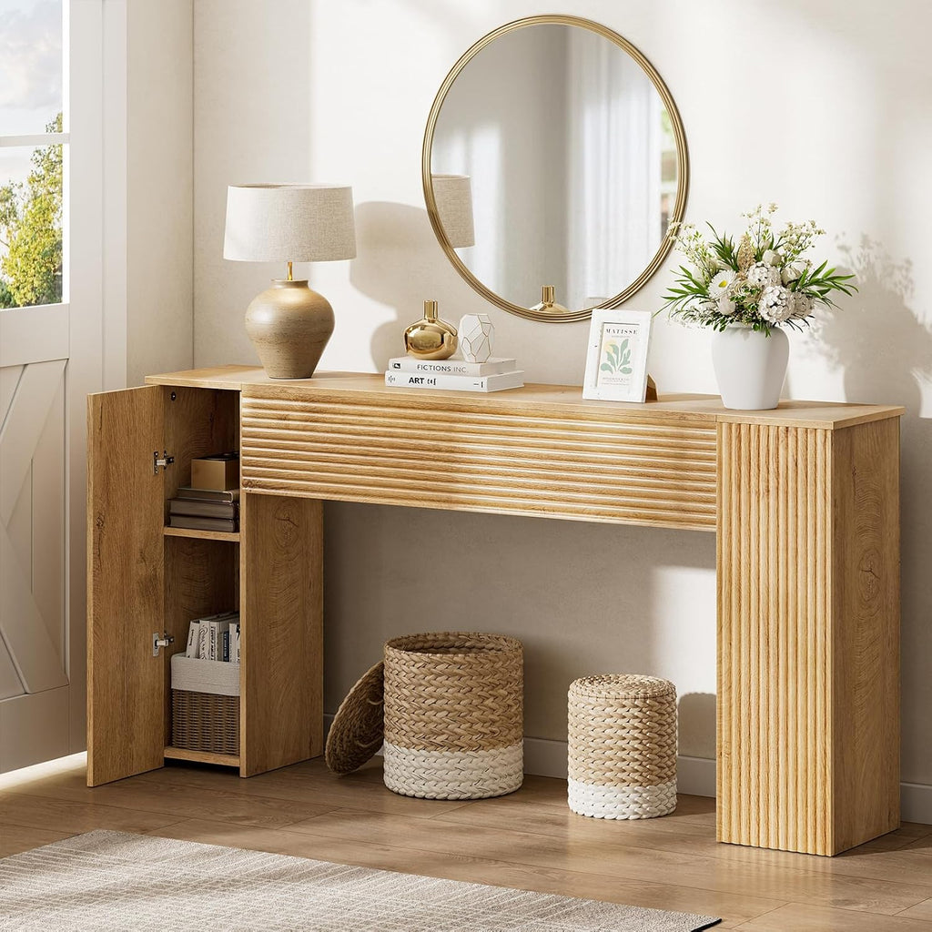 FABATO 61'' Fluted Long Console Table, Wooden Rectangular Sofa Table