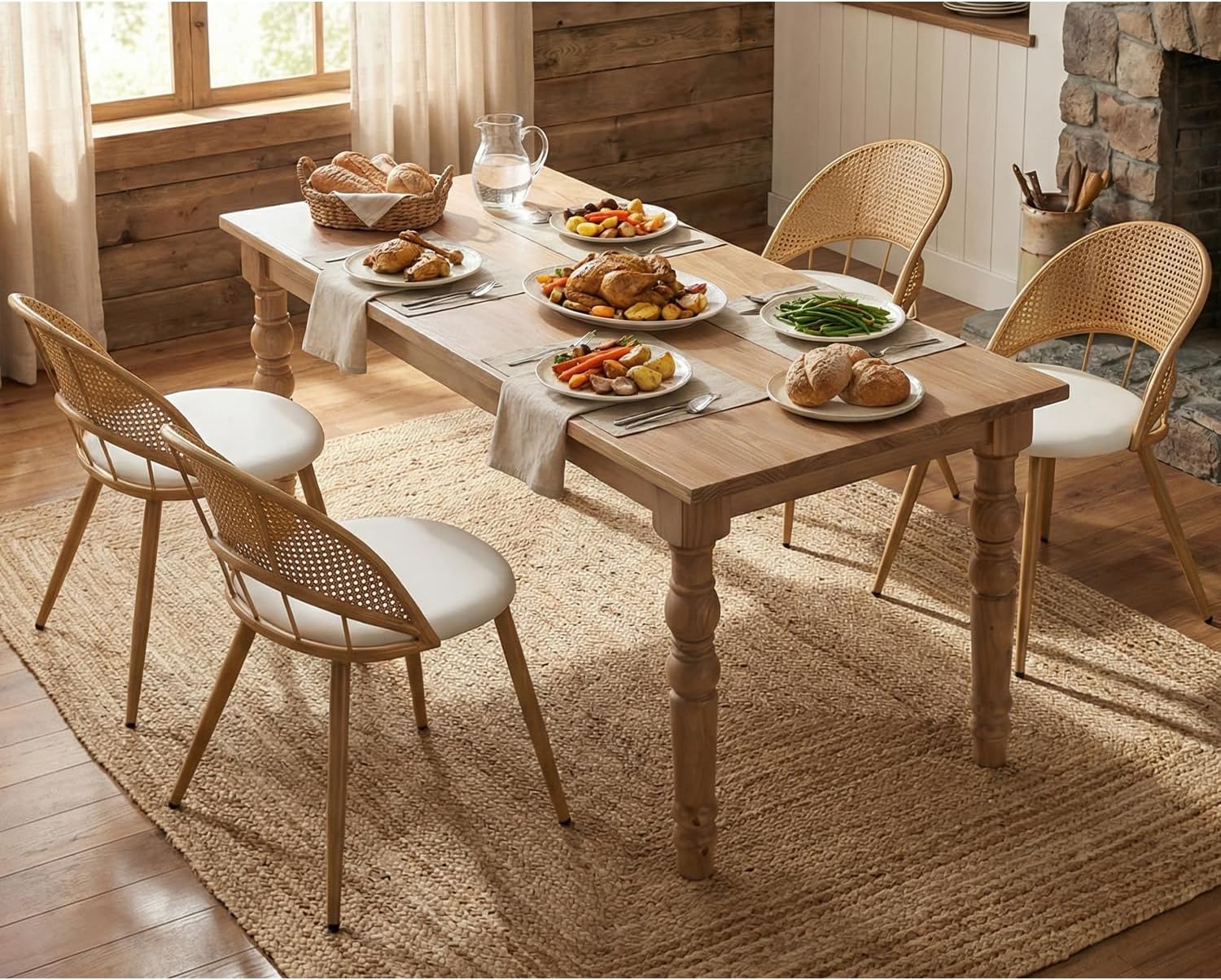 TYBOATLE Rattan Dinner Chairs Set of 4 with Faux Leather Cushion, Modern Dining Room Chairs