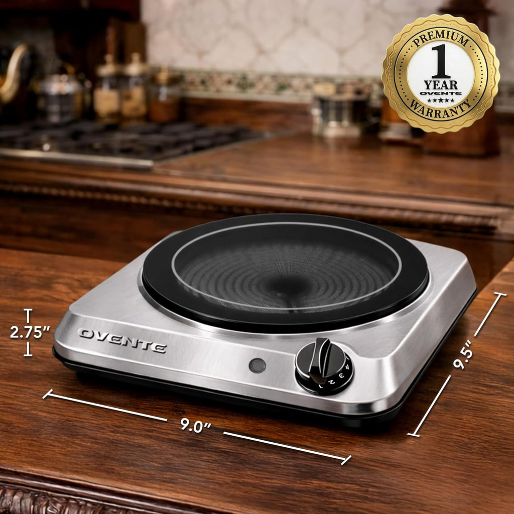 OVENTE Countertop Infrared Single Burner, 1000W Electric Hot Plate with 7” Ceramic Glass Cooktop,