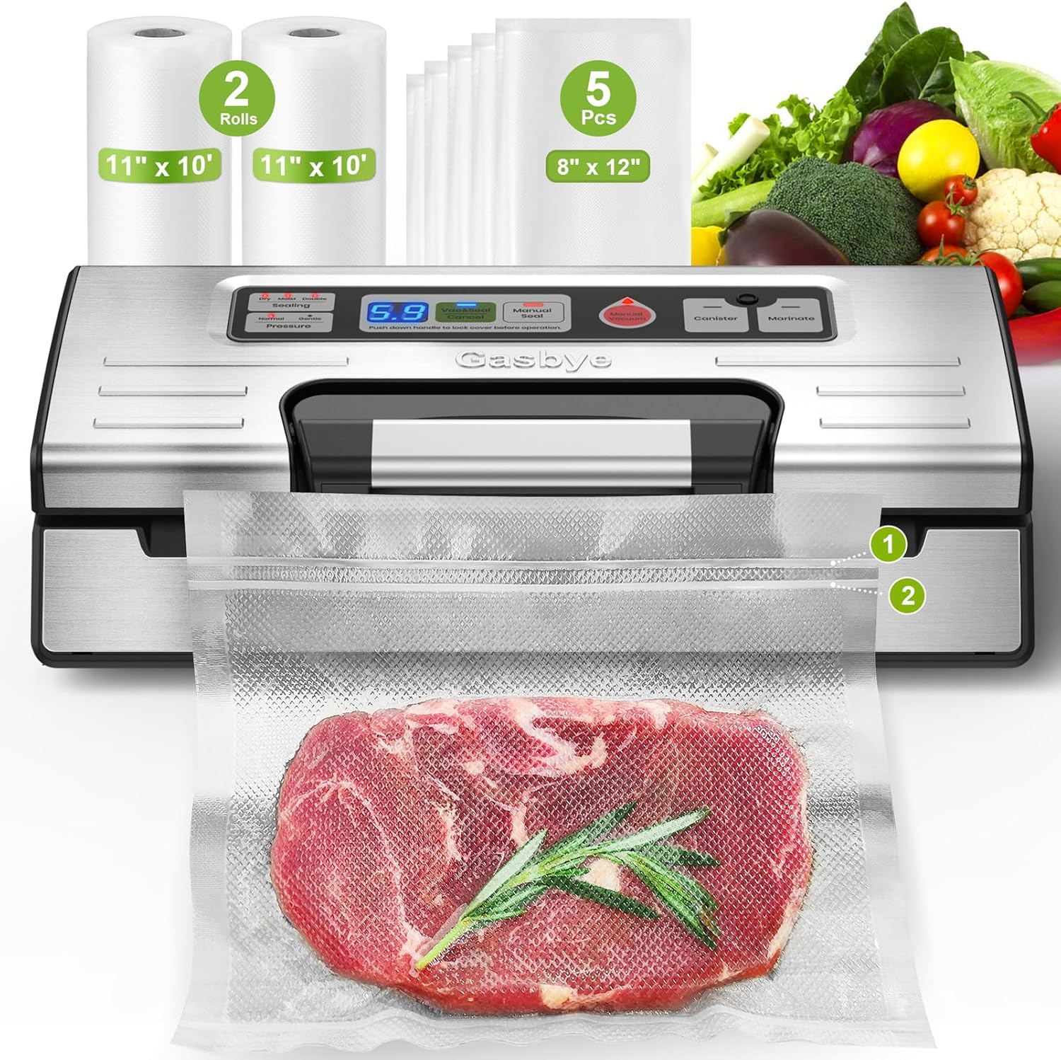 95kPa Precision Vacuum Sealer Machine, Double Heat Seal for Dry/Moist Food, Easy-Lock