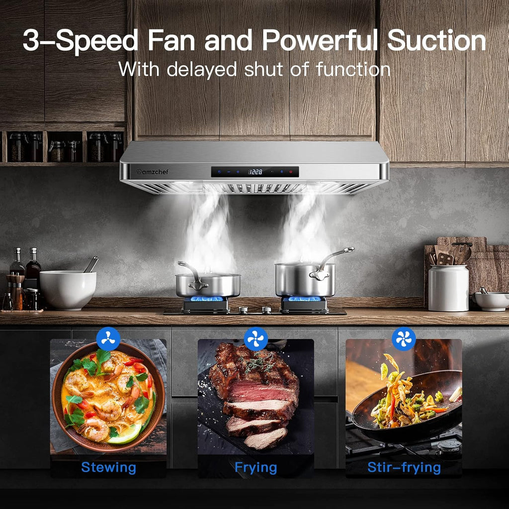 AMZCHEF Under Cabinet Range Hood 30 Inch, 750CFM Stainless Steel Kitchen Stove Vent Hood 3 Speed Exhaust Fan