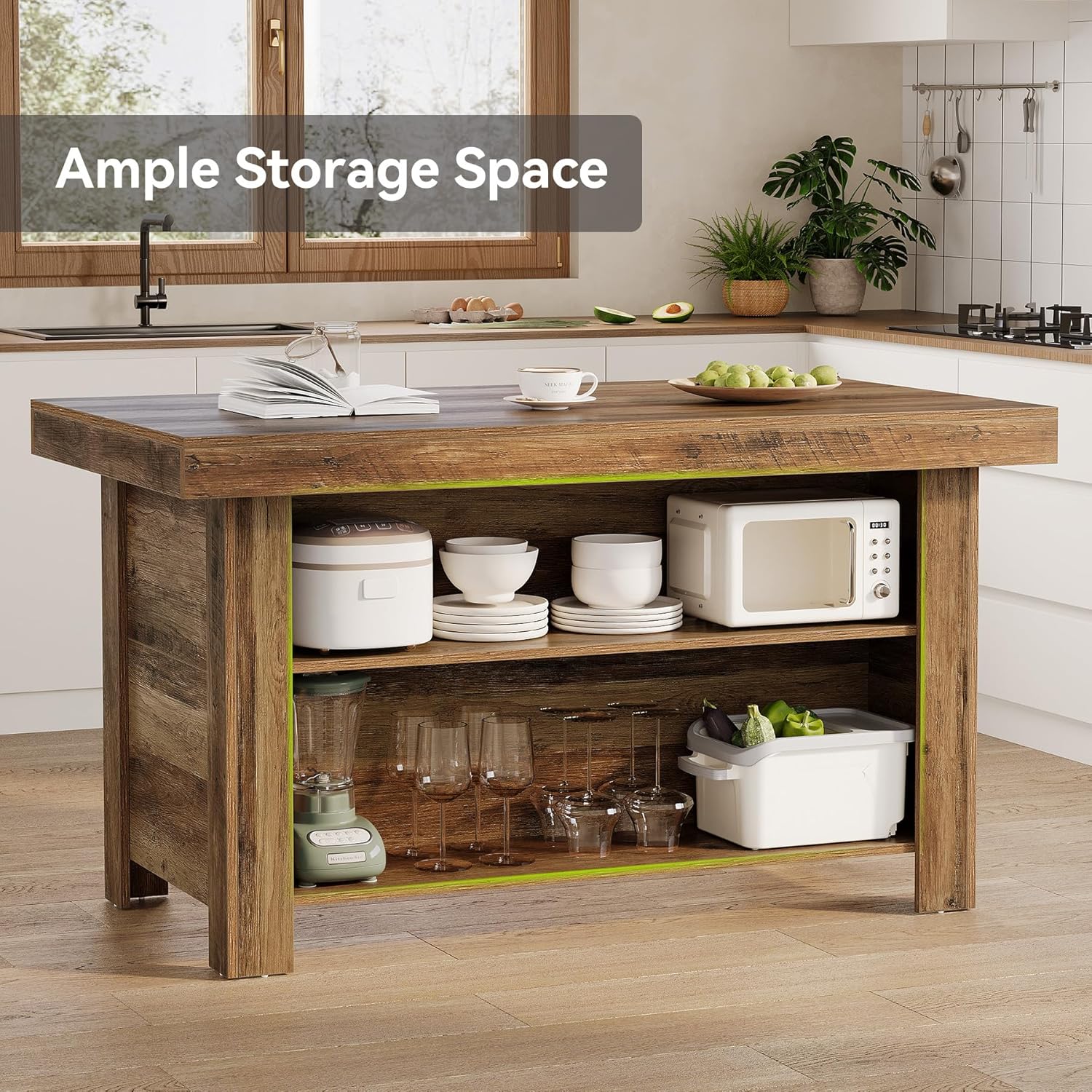 LITTLE TREE 55 Inches Kitchen Island with Storage, 3-Tier Farmhouse