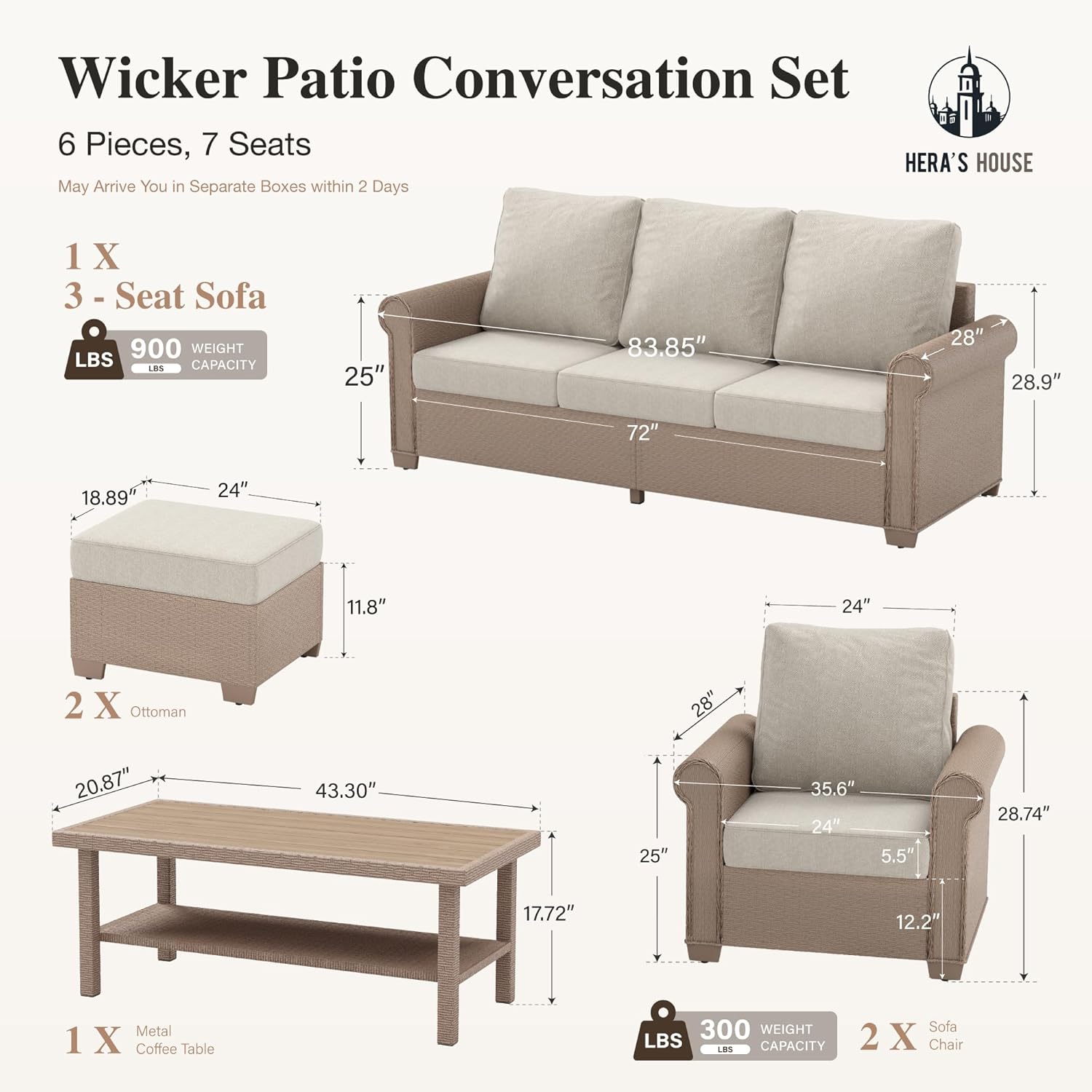 HERA'S HOUSE 6-Piece Patio Furniture Set, All Weather 7 Seats Outdoor Wicker Sofa