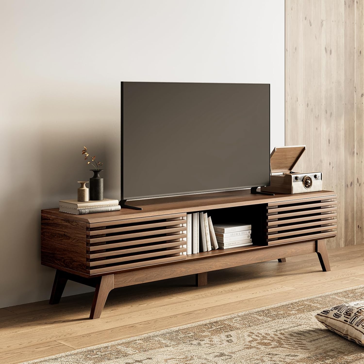 AODK 59" TV Stand for 55"/60"/65" TVs, Mid-Century Modern Fluted