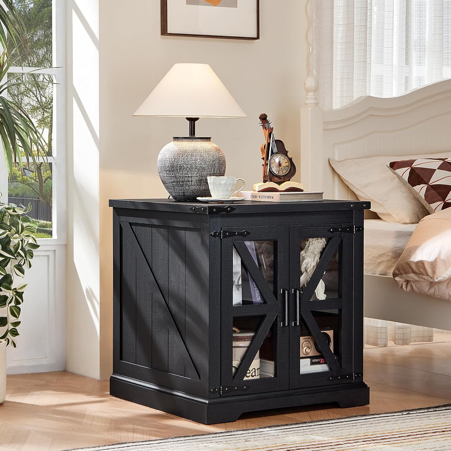 Joaxswe 24" End Table Set of 2 with Charging Station, Farmhouse Night Stand with Glass Barn Door