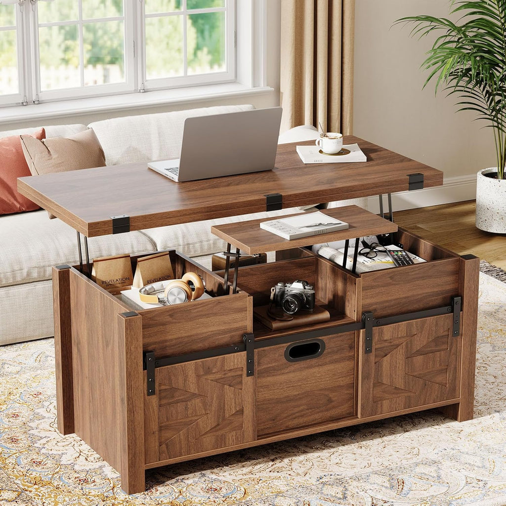 40" Farmhouse Lift Top Coffee Table with Sliding Barn Door,4 in 1 Multi-Function Coffee Tables with Storage Drawers