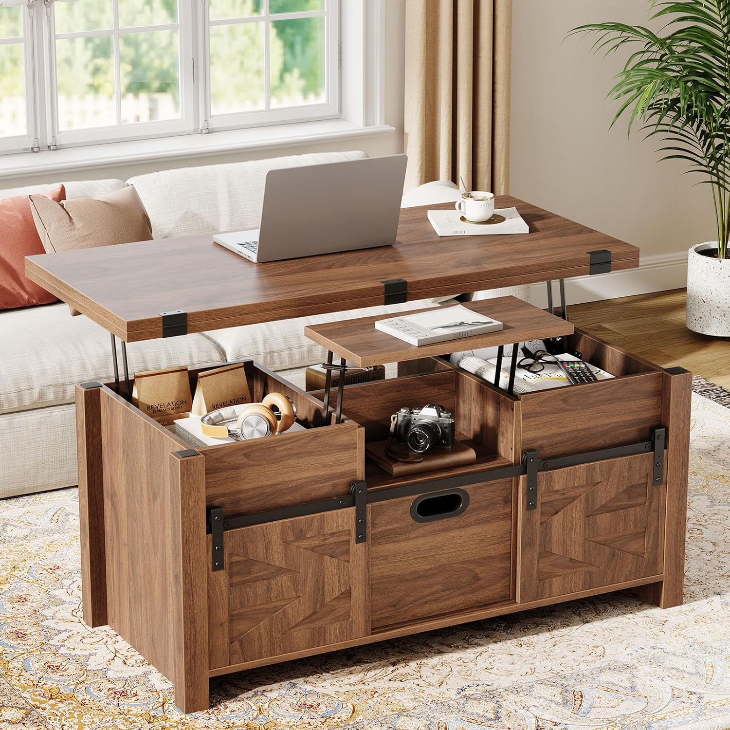 40" Farmhouse Lift Top Coffee Table with Sliding Barn Door,4 in 1 Multi-Function Coffee Tables with Storage Drawers