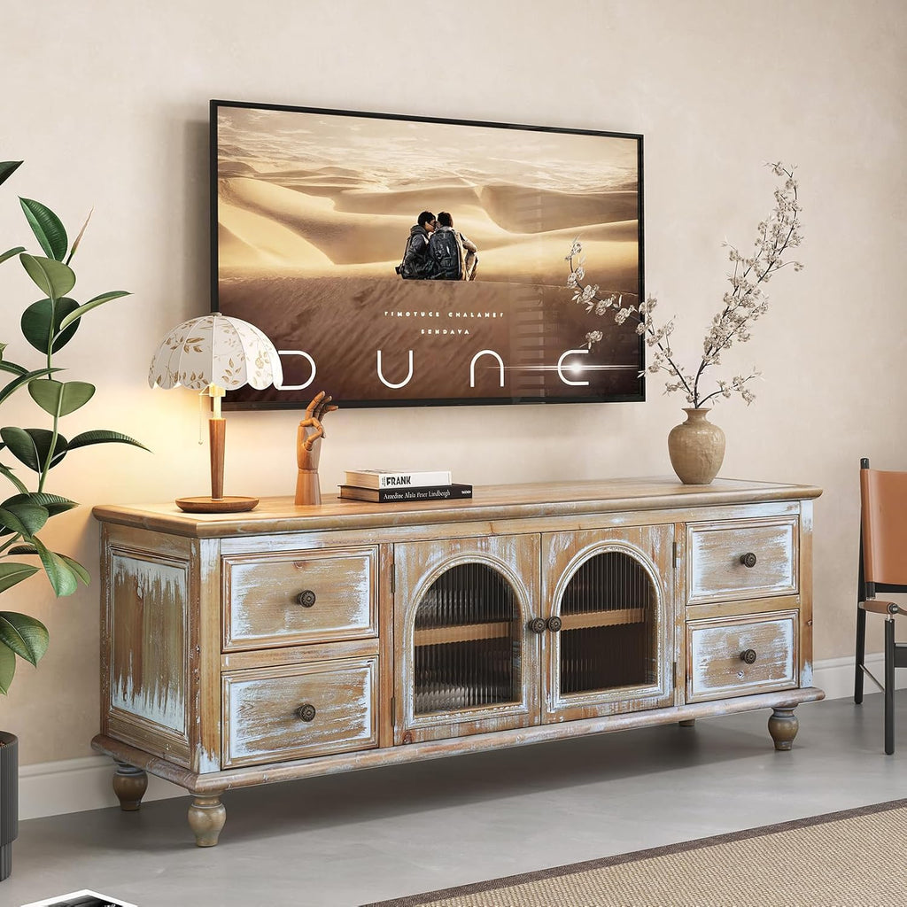 LUMISOL 60" Farmhouse TV Stand with 4 Drawers and 2 Glass Doors