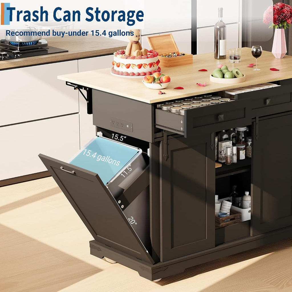 Large Rolling Kitchen Island with Power Outlet, Mobile Kitchen Cart on Wheels with Drop Leaf, 3 Drawers