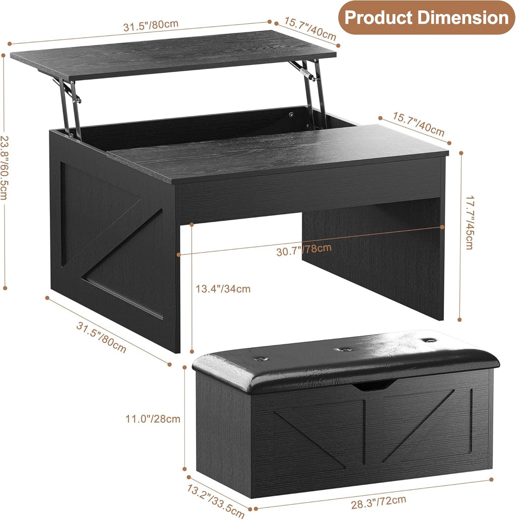 Lift Top Coffee Tables with Storage Hidden Compartment, 31.5 Farmhouse Coffee Tables with Bench, Center Table