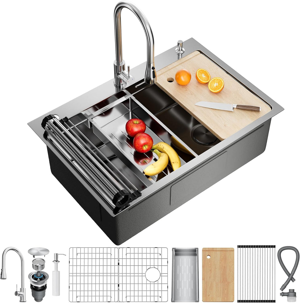 CAMMOO 33X22 Drop In Kitchen Sink, 304 Stainless Steel Workstation Sink, Pop-Up Drain