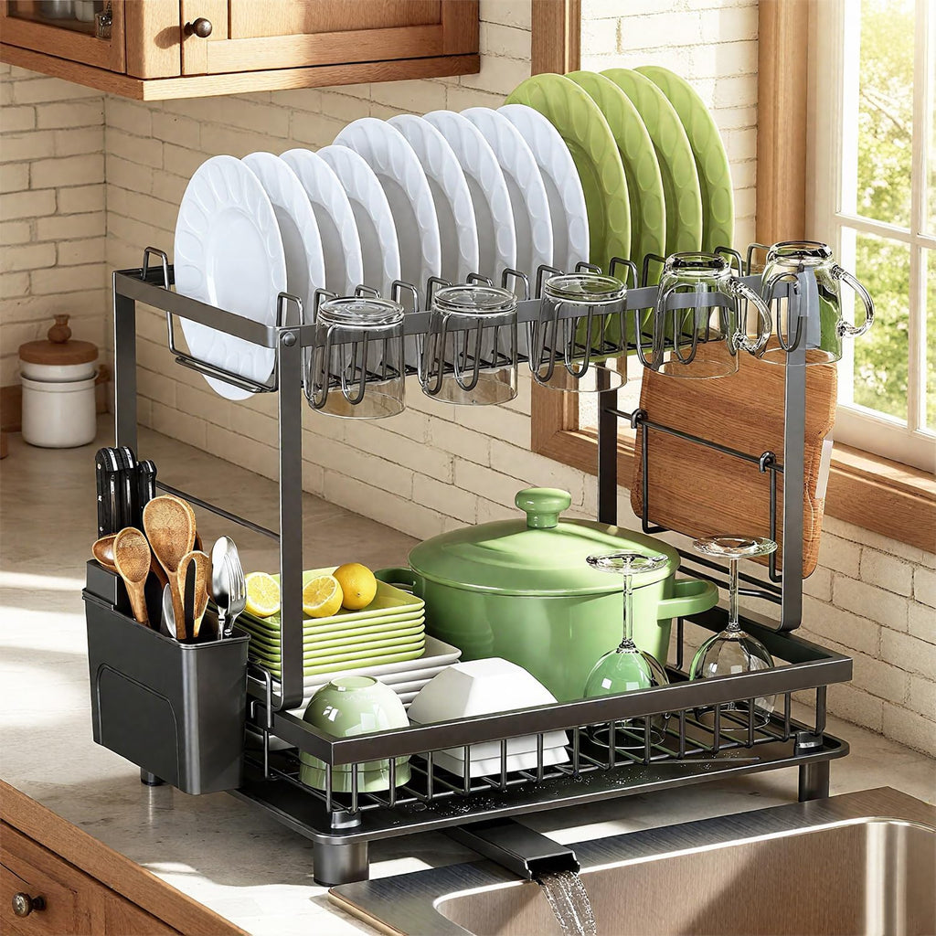 Dish Drying Rack, 2 Tier Space-Saving Dish Rack, Multifunctional Dish Drainer for Kitchen Counter