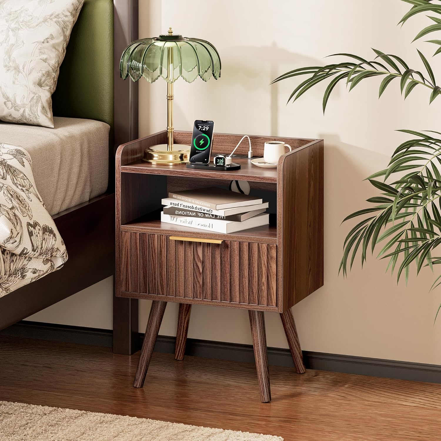 Huuger Nightstand with Charging Station, USB-C Port, Fluted Night Stand Set of 2
