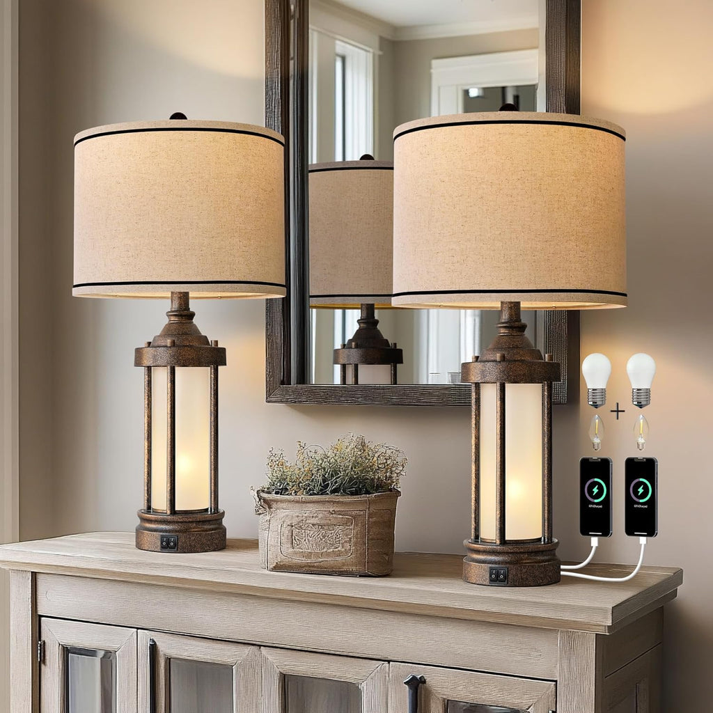 25'' Table Lamps Set of 2 for Living Room Bedroom Farmhouse Metal Lamps with 2 USB Ports