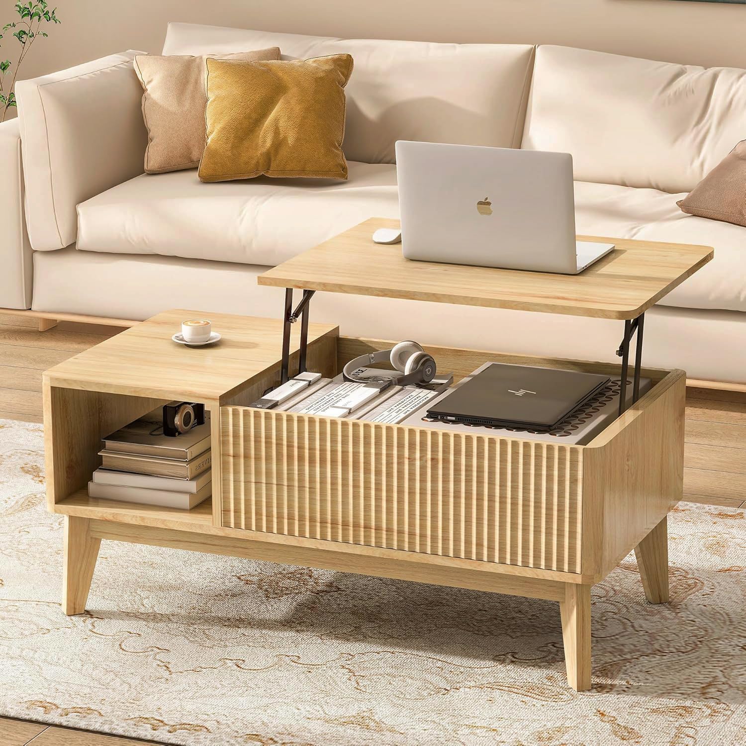 LYNCOHOME Fluted Lift Top Coffee Table with Storage, Modern Coffee Table for Living Room