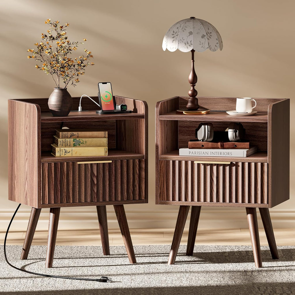 Huuger Nightstand with Charging Station, USB-C Port, Fluted Night Stand Set of 2