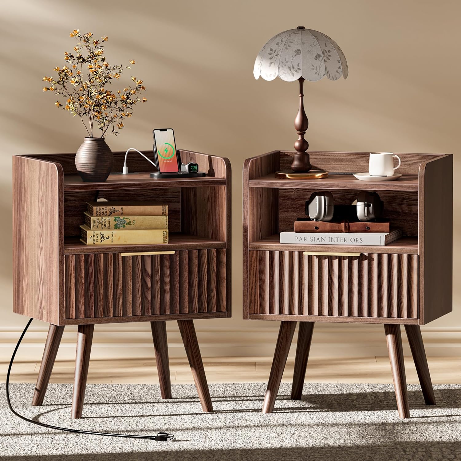 Huuger Nightstand with Charging Station, USB-C Port, Fluted Night Stand Set of 2