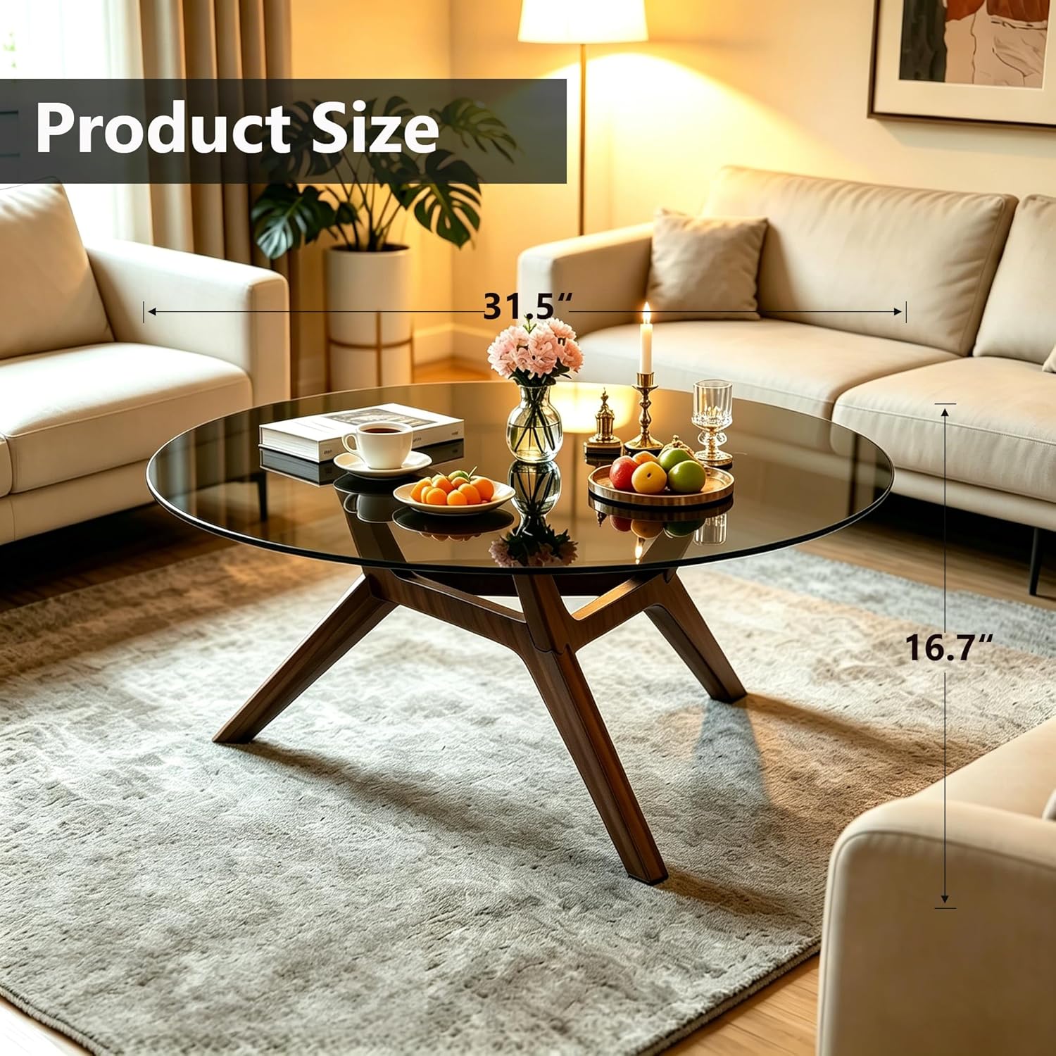 Glass Coffee Table - Round Coffee Table with Clear Tempered Glass Top