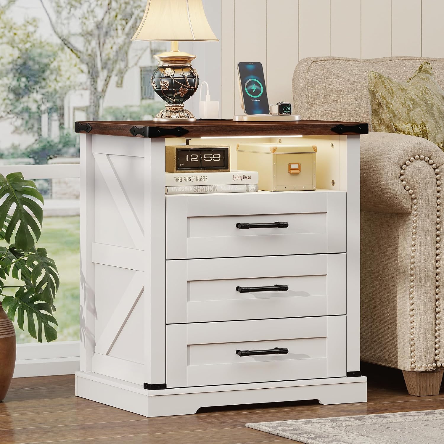 Baoz White Farmhouse Nightstand with Charging Station & Drawers for Bedroom | 22" Wide Bedside Table