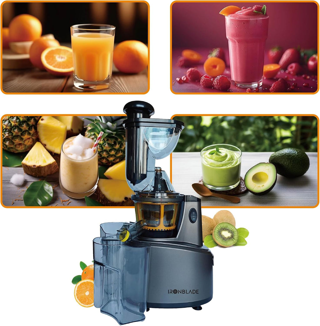 EMB Ironblade IBLJU20 Cold Press Slow Juicer, High-Yield Extraction, Quiet 55dB Operation, 75mm Wide Chute