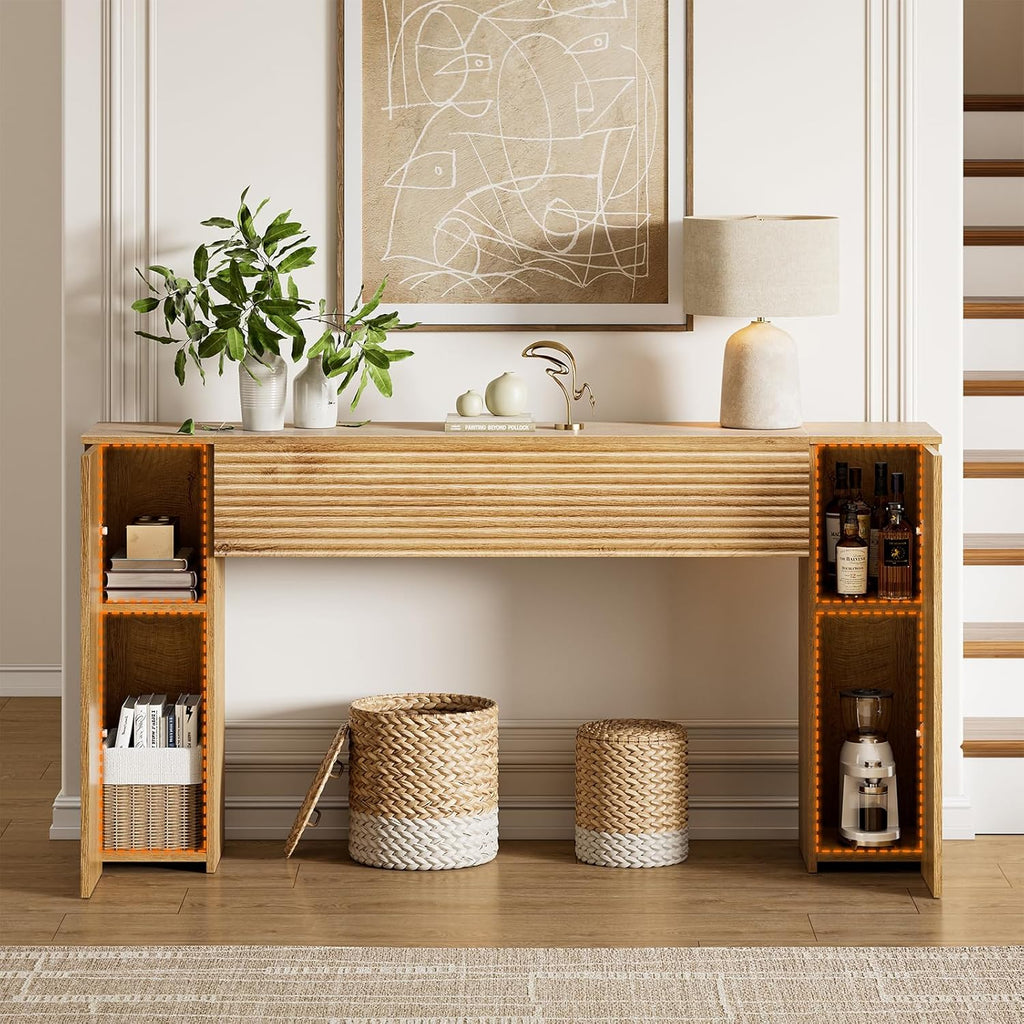 FABATO 61'' Fluted Long Console Table, Wooden Rectangular Sofa Table