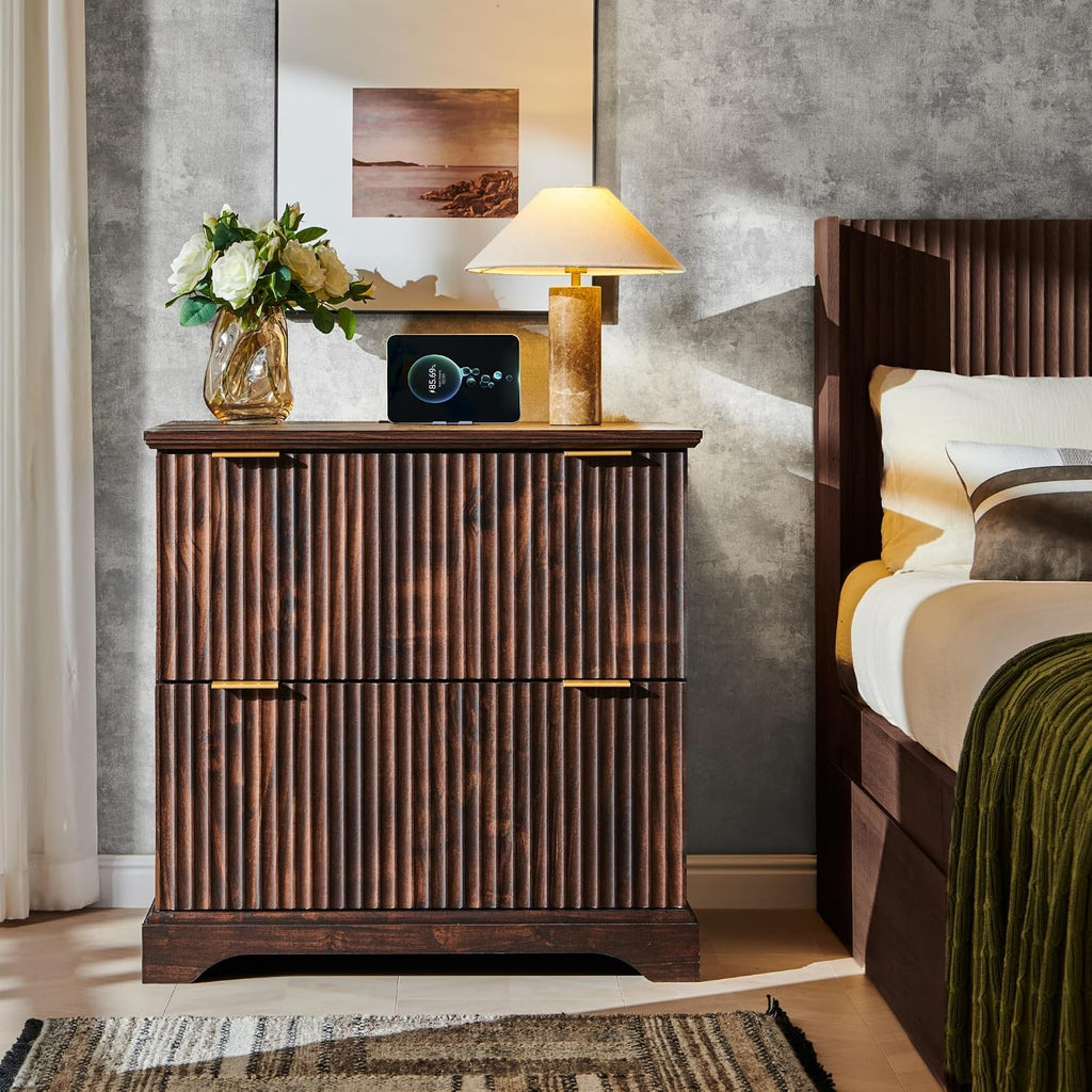 Fluted Nightstand with Charging Station, 30" Wide Side Table with 2 Large Storage Drawers
